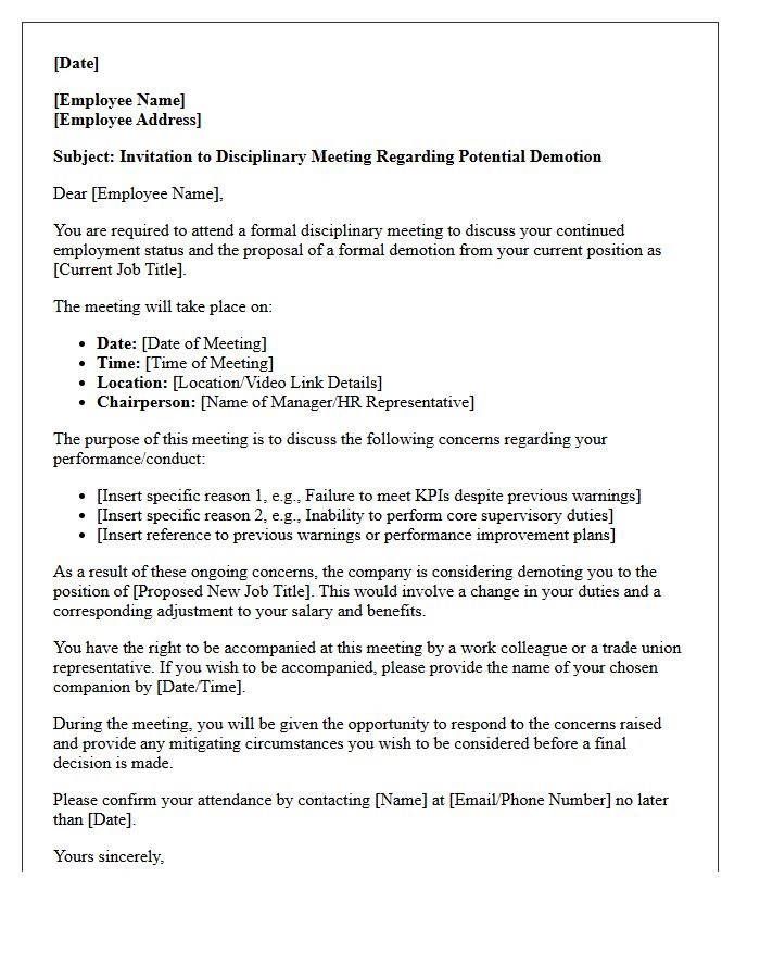 Invitation to Pre-Demotion Disciplinary Meeting Letter