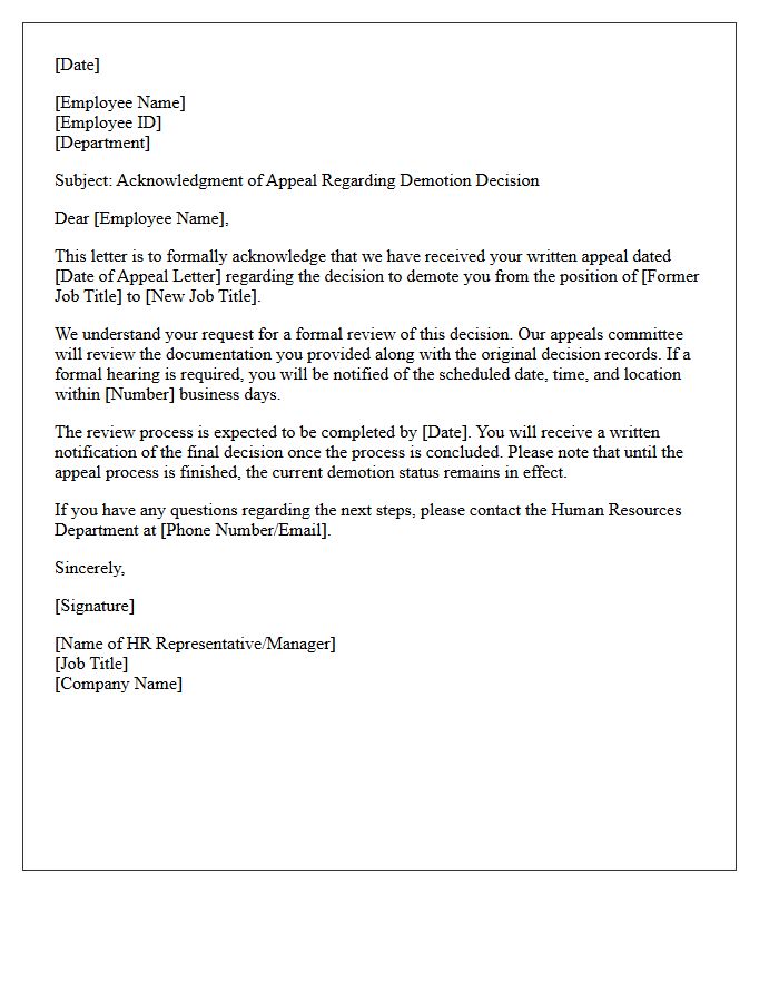 Acknowledgment of Demotion Decision Appeal Letter