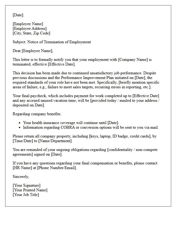 Dismissal Letter for Unsatisfactory Job Performance