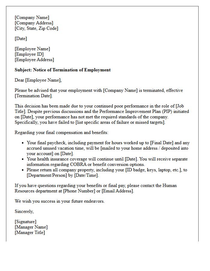 Employment Termination Letter for Poor Performance