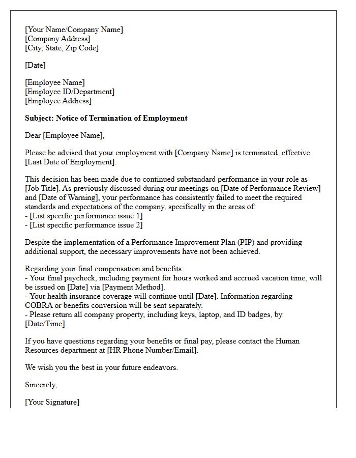 Notice of Termination Letter for Substandard Performance