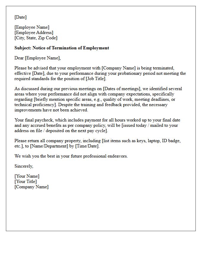 Probationary Period Termination Letter for Unsatisfactory Performance