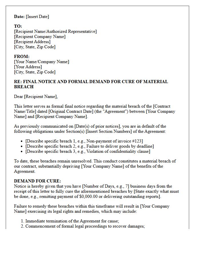 Final Notice Demand Letter for Material Breach of Commercial Contract