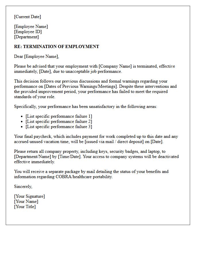 Immediate Termination Letter for Unacceptable Performance