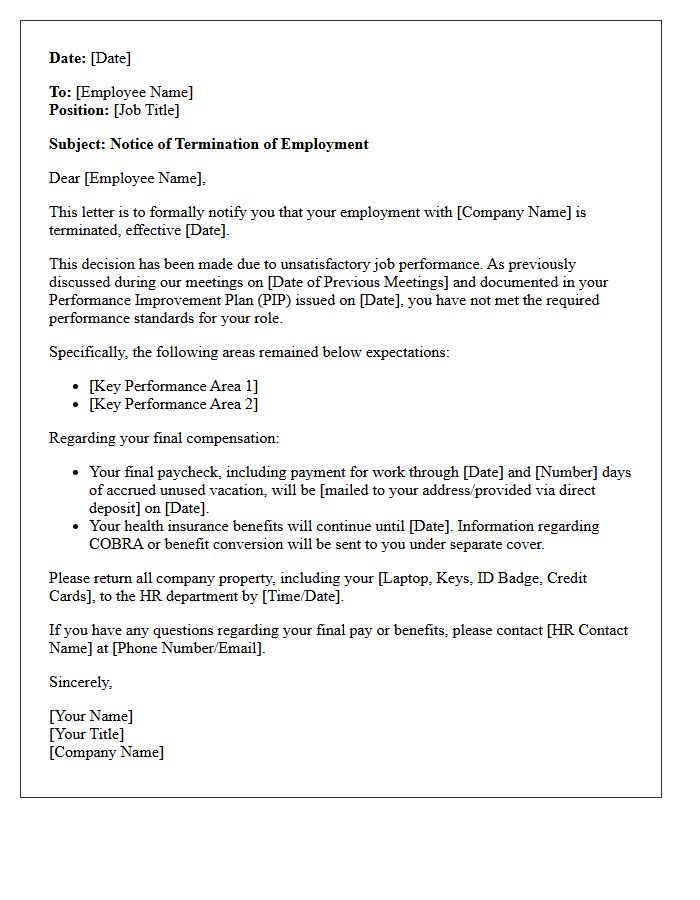 Human Resources Termination Letter for Unsatisfactory Performance
