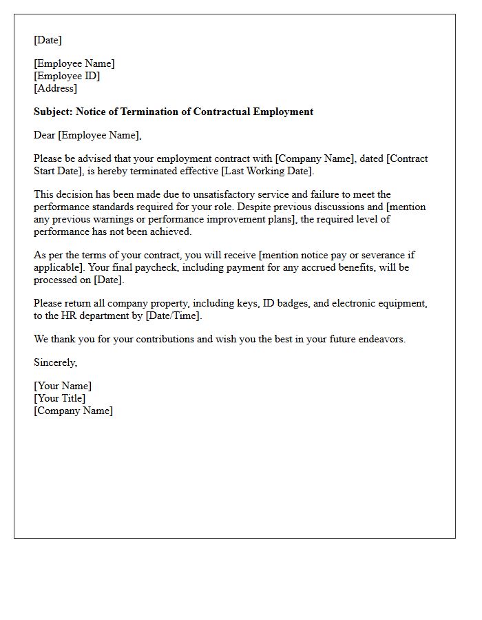 Contractual Employment Termination Letter for Unsatisfactory Service