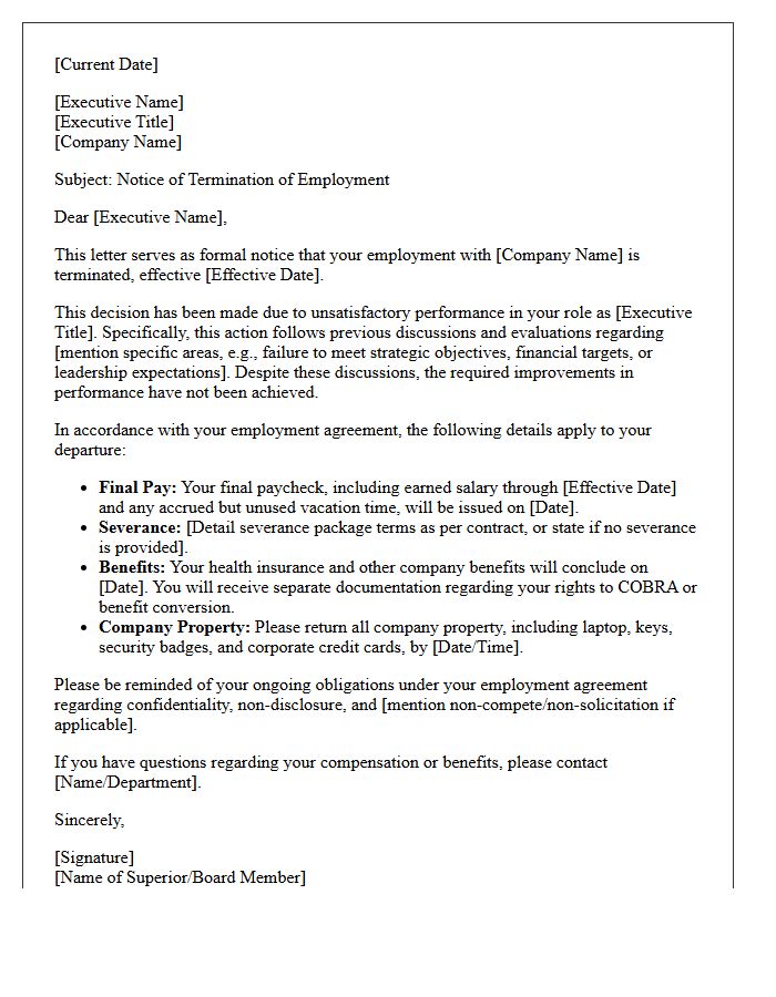 Executive Termination Letter for Unsatisfactory Performance