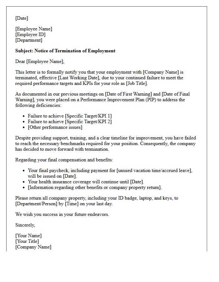 Target Failure Termination Letter for Poor Performance