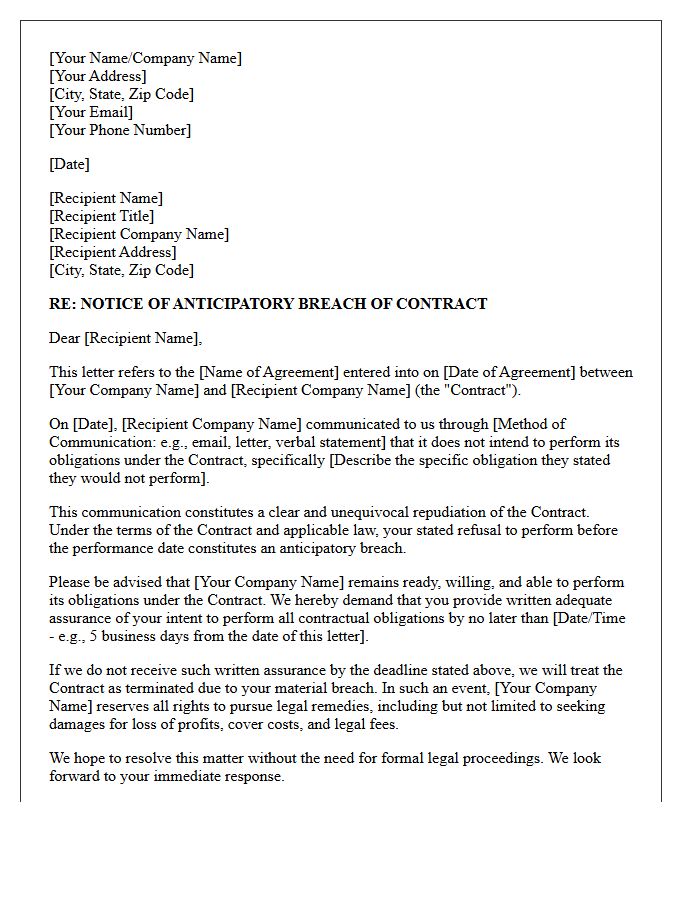 Anticipatory Breach of Commercial Contract Demand Letter