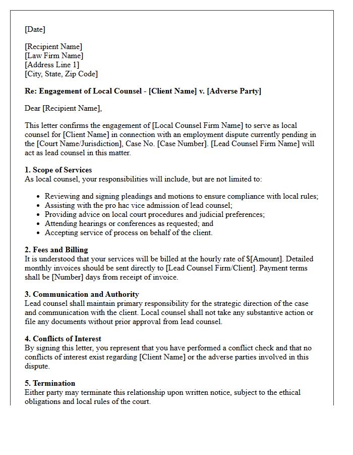 Employment Dispute Local Counsel Engagement Letter