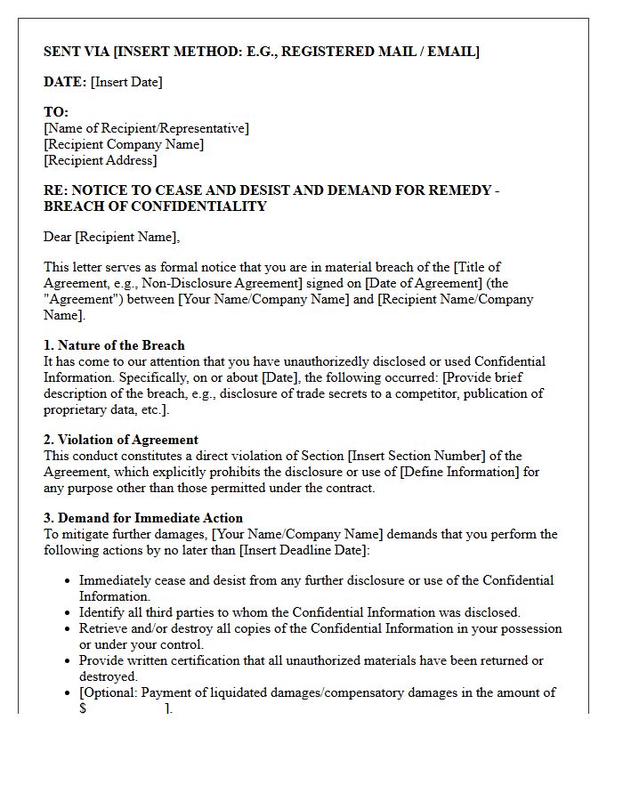 Commercial Demand Letter for Breach of Confidentiality Agreement