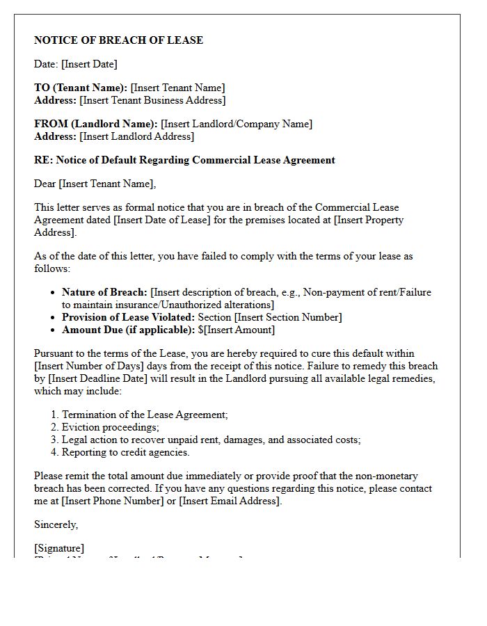 Demand Letter for Breach of Commercial Lease Agreement
