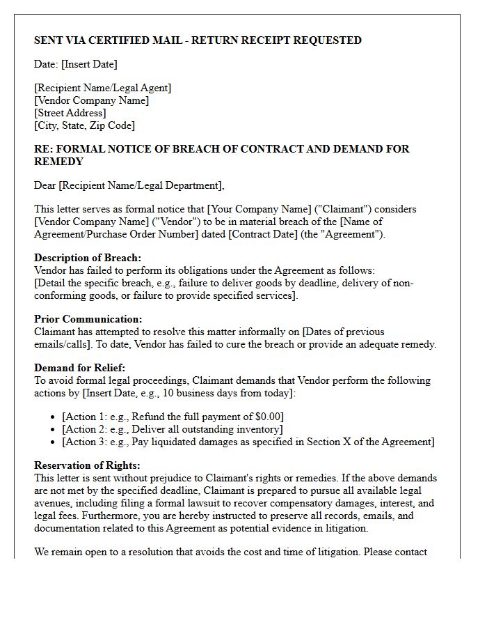 Pre-Litigation Demand Letter for Commercial Vendor Breach