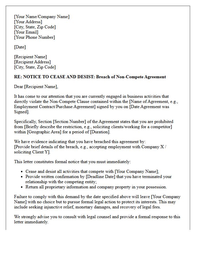 Demand Letter for Breach of Commercial Non-Compete Clause
