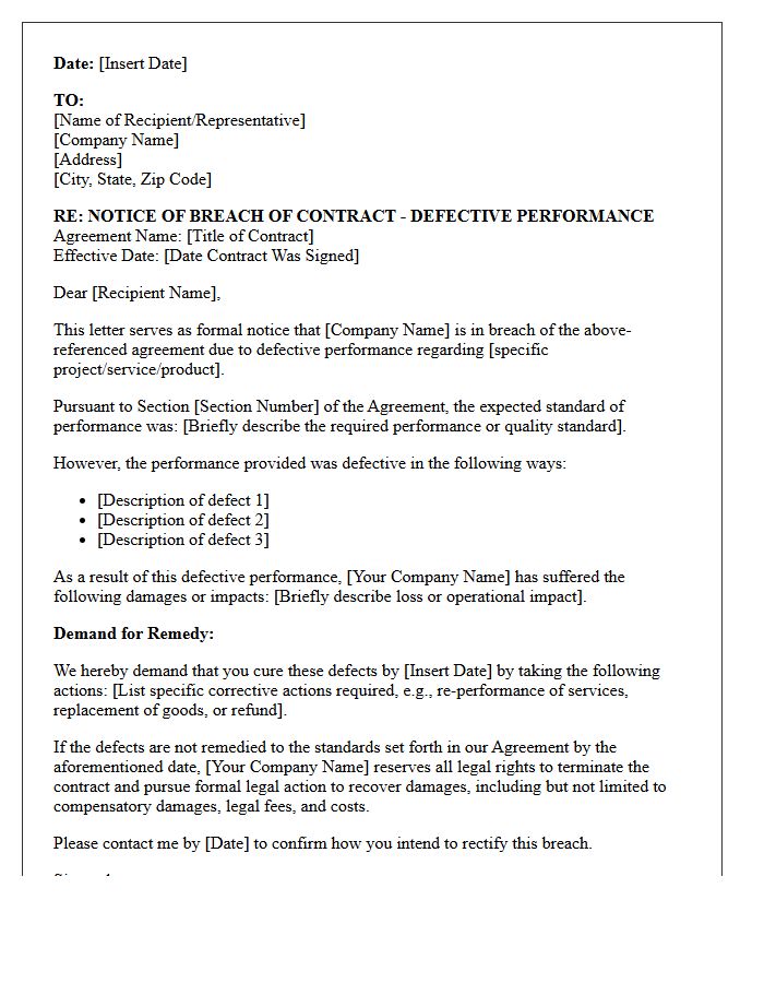 Commercial Breach of Contract Demand Letter for Defective Performance