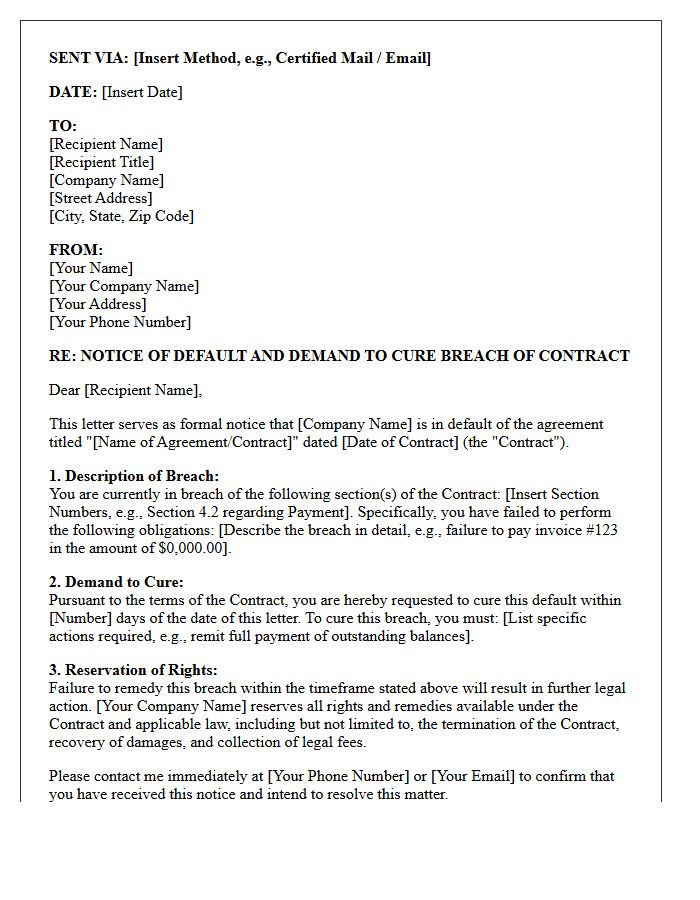 Notice of Default and Breach of Commercial Contract Demand Letter