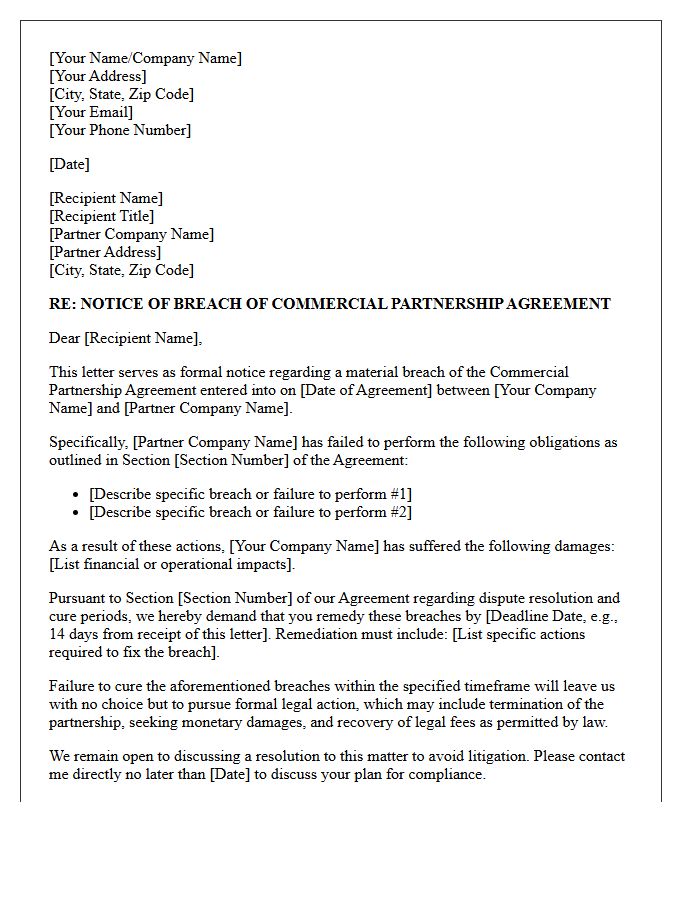 Commercial Partnership Agreement Breach Demand Letter