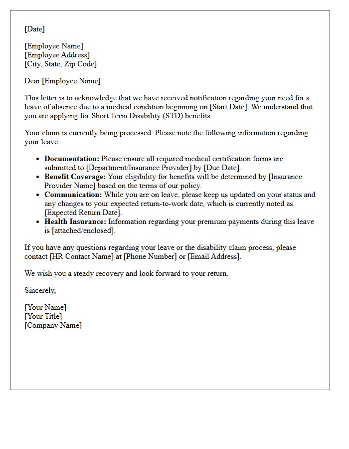 Initial Short Term Disability Leave Acknowledgment Letter