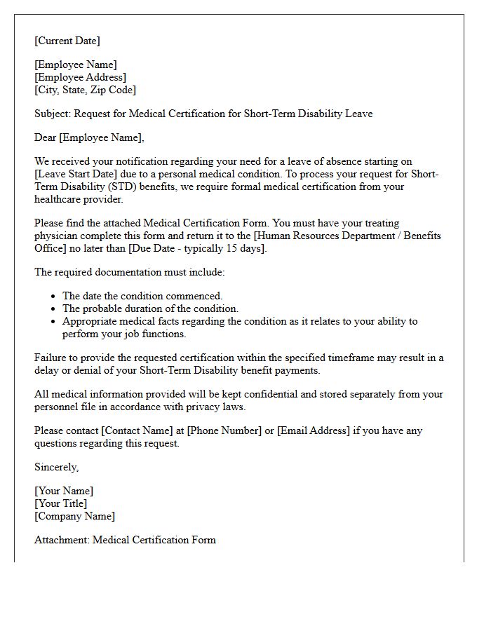 Short Term Disability Leave Medical Certification Request Letter