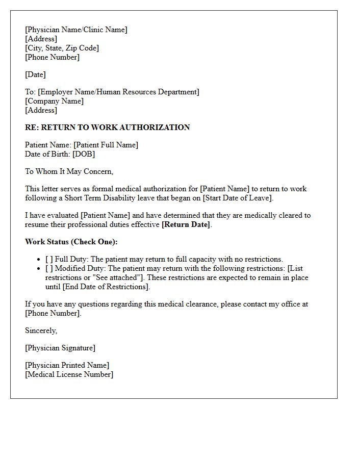 Short Term Disability Leave Return To Work Authorization Letter