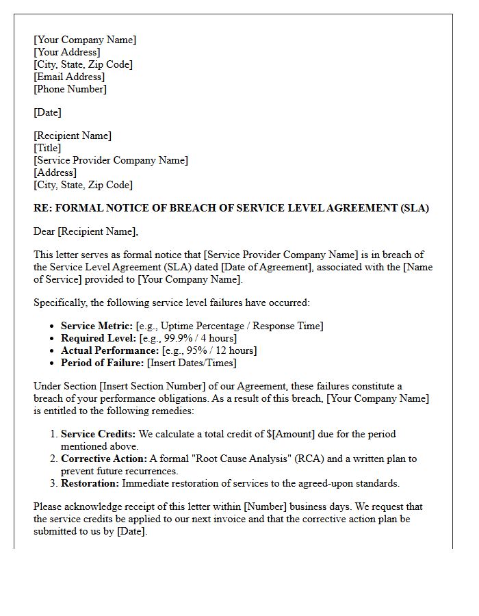 Demand Letter for Breach of Commercial Service Level Agreement