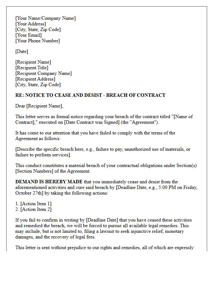 Cease and Desist Demand Letter for Commercial Contract Breach