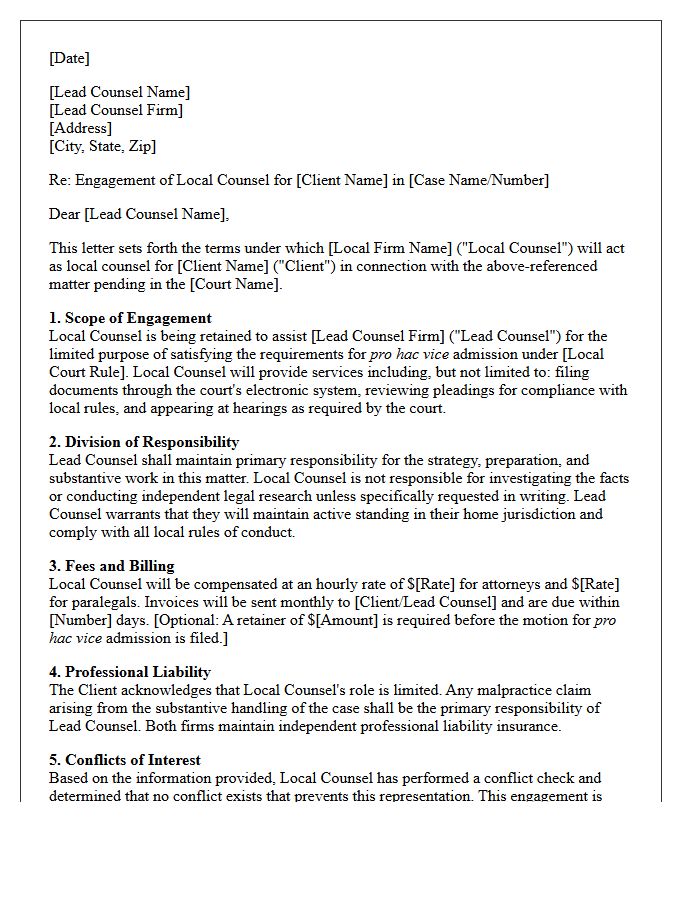 Pro Hac Vice Local Counsel Engagement Letter