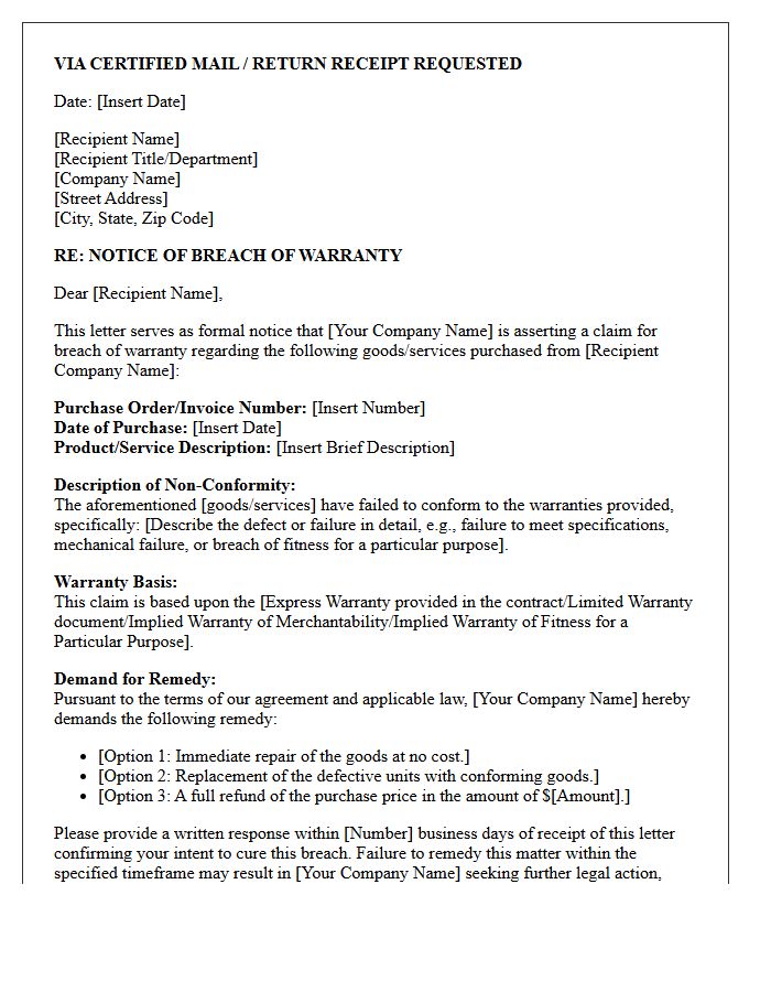 Commercial Breach of Warranty Demand Letter