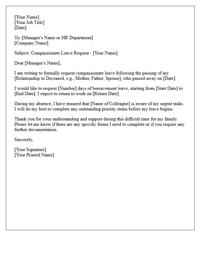 Immediate Family Member Bereavement Compassionate Leave Request Letter
