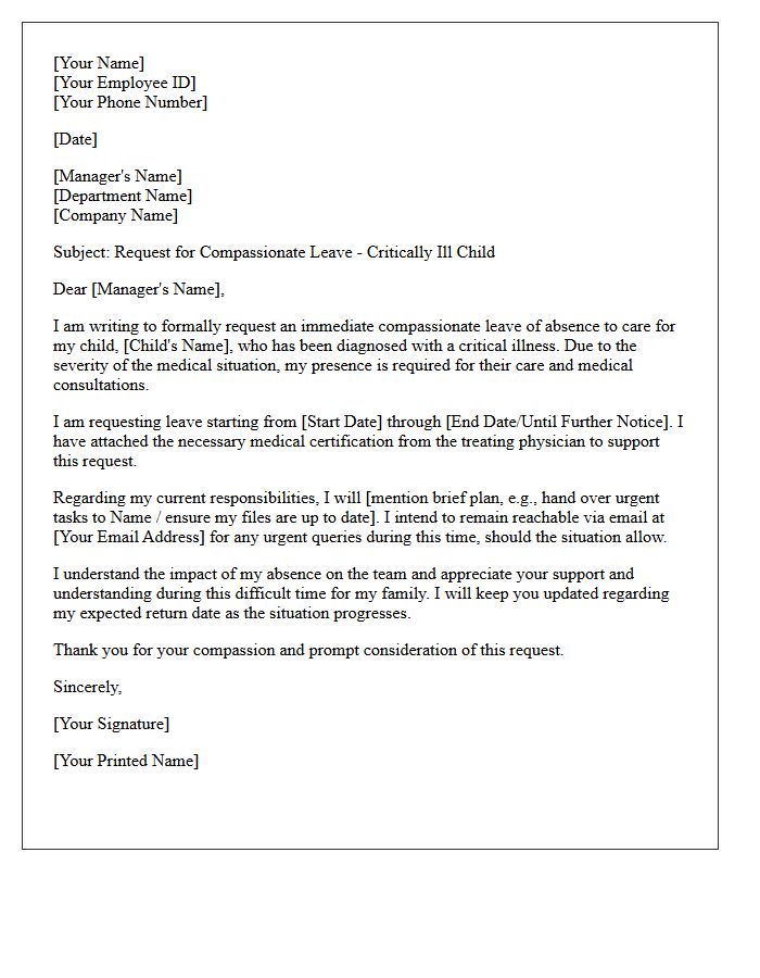 Critically Ill Child Care Compassionate Leave Request Letter