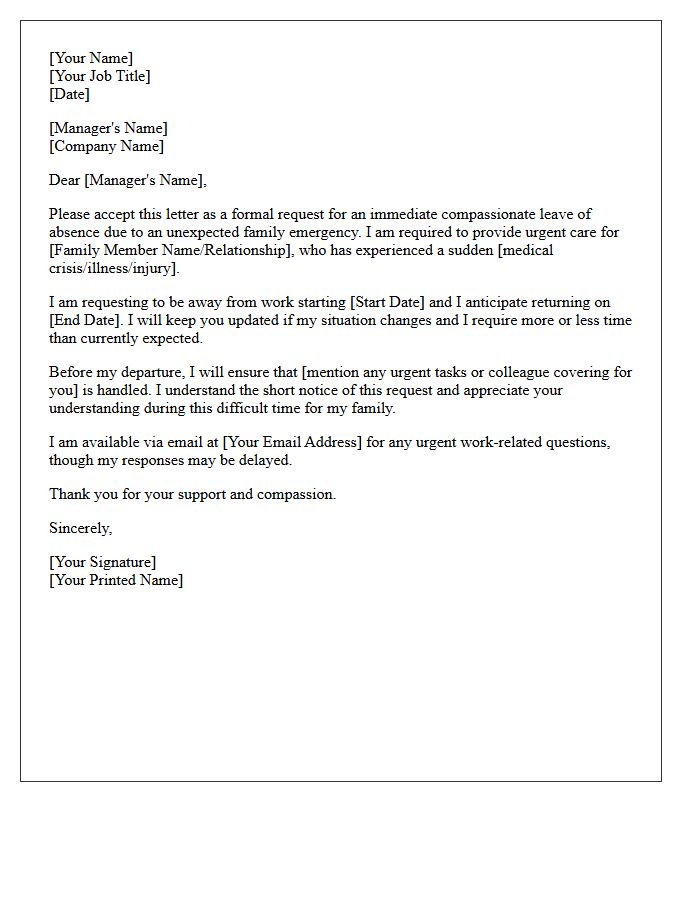 Unexpected Family Caregiver Compassionate Leave Request Letter