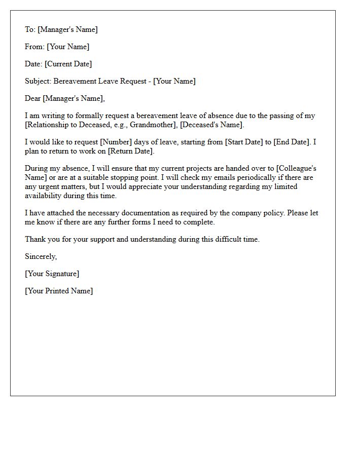 Standard Bereavement Leave Request Letter