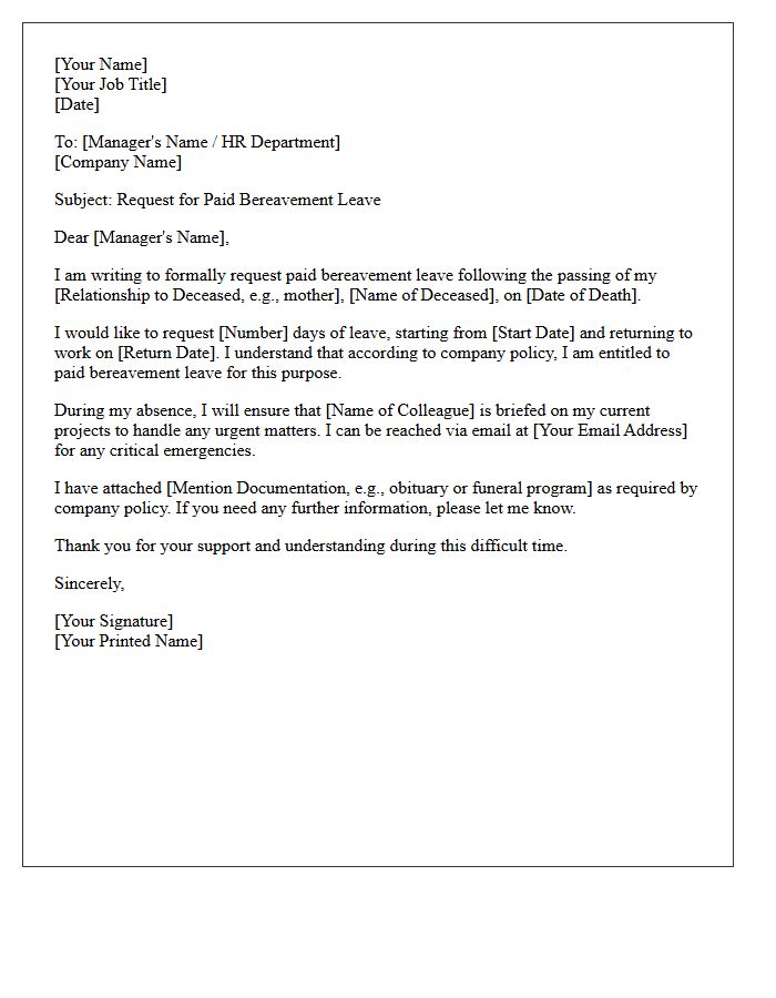 Paid Bereavement Leave Request Letter