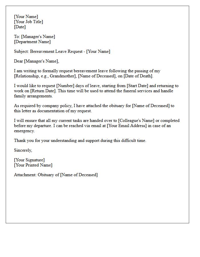 Bereavement Leave Request Letter with Obituary Attachment