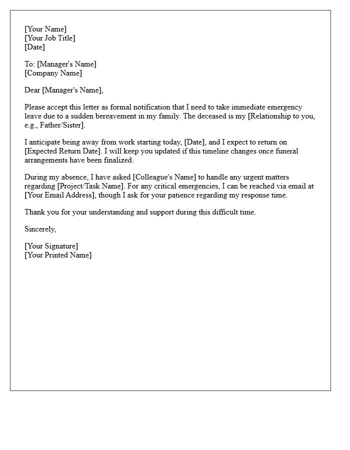 Sudden Bereavement Emergency Leave Letter
