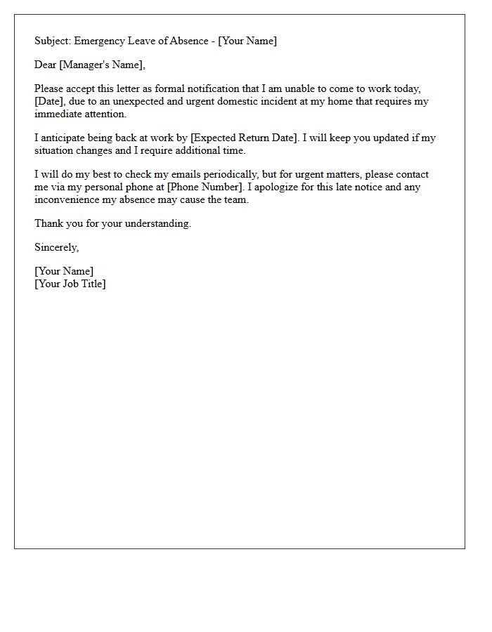 Unexpected Domestic Incident Emergency Leave Letter