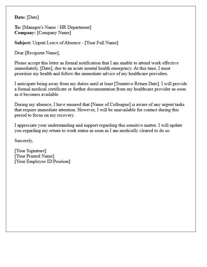 Acute Mental Health Emergency Leave Letter