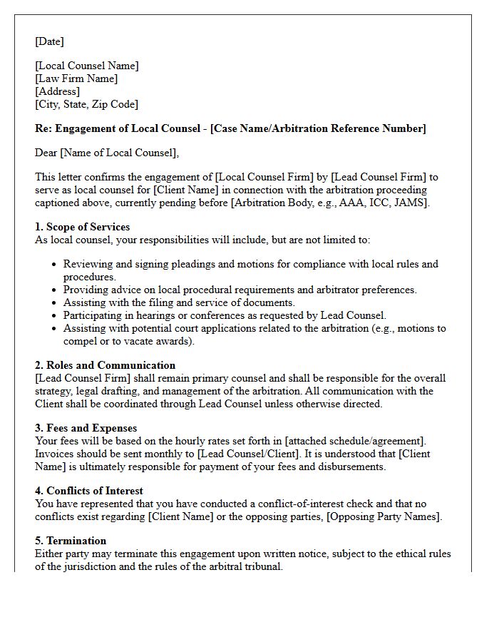 Arbitration Proceeding Local Counsel Engagement Letter