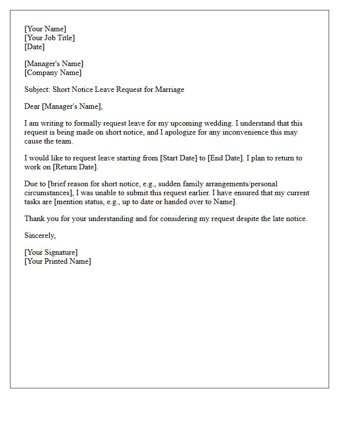 Short Notice Marriage Leave Request Letter