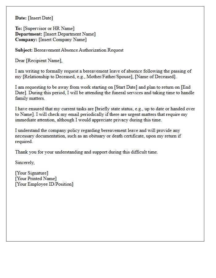 Bereavement Absence Authorization Letter
