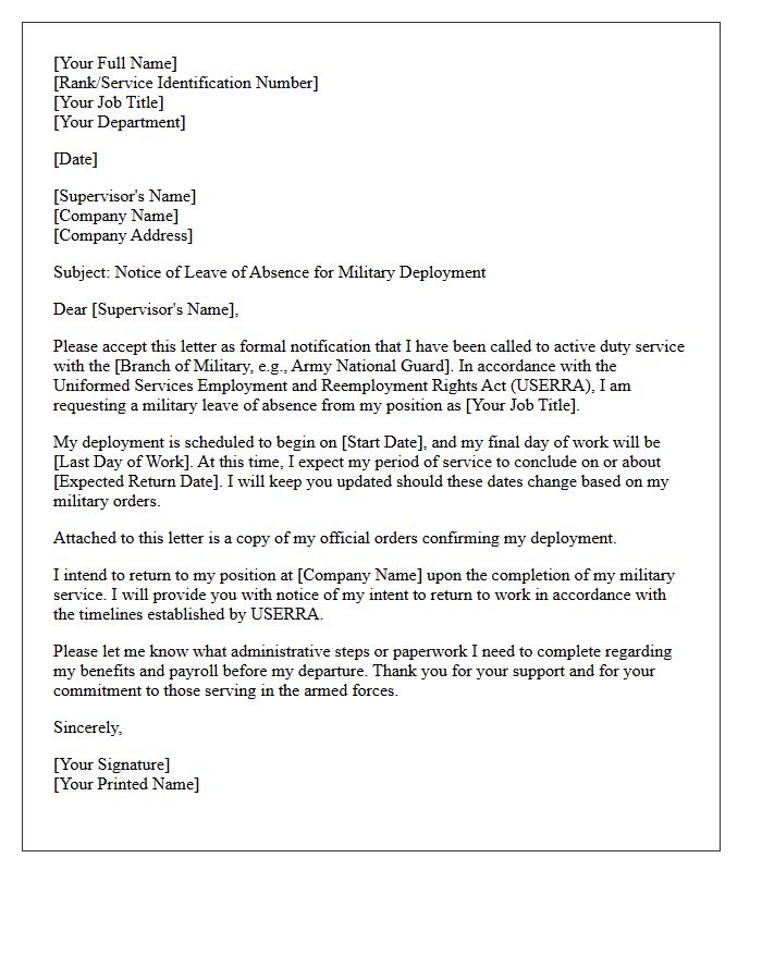 Military Service Deployment Leave Letter
