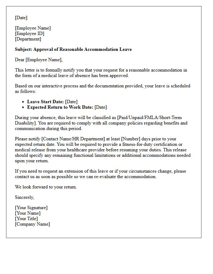 Approval of Reasonable Accommodation Leave Letter