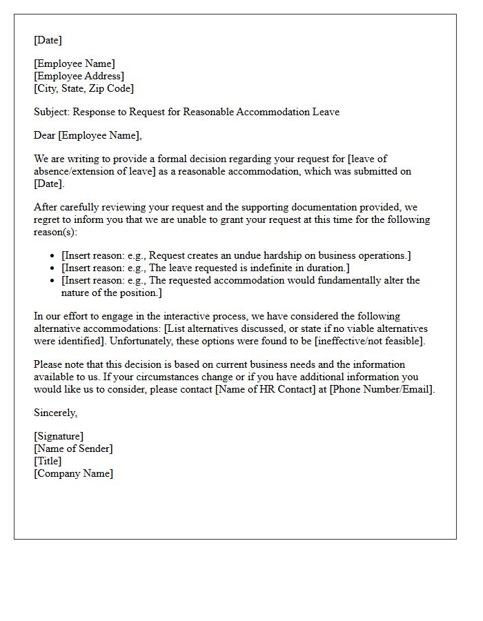 Denial of Reasonable Accommodation Leave Letter