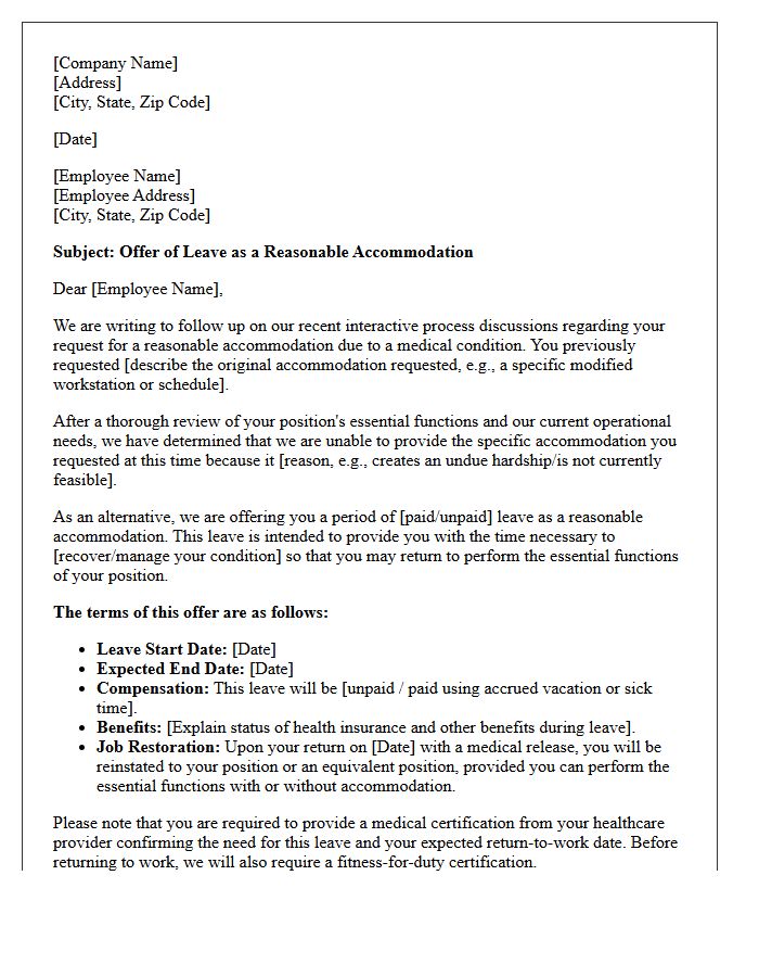 Alternative Reasonable Accommodation Leave Offer Letter