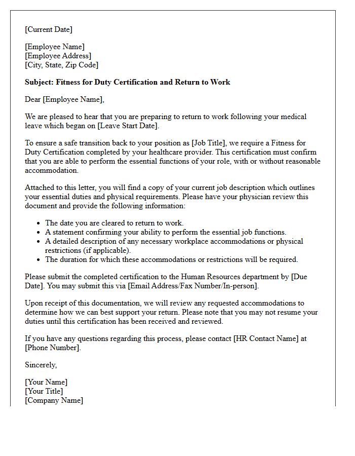 Fitness for Duty Certification Accommodation Leave Letter