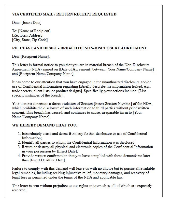 Cease and Desist Demand Letter for Breach of Non-Disclosure Agreement