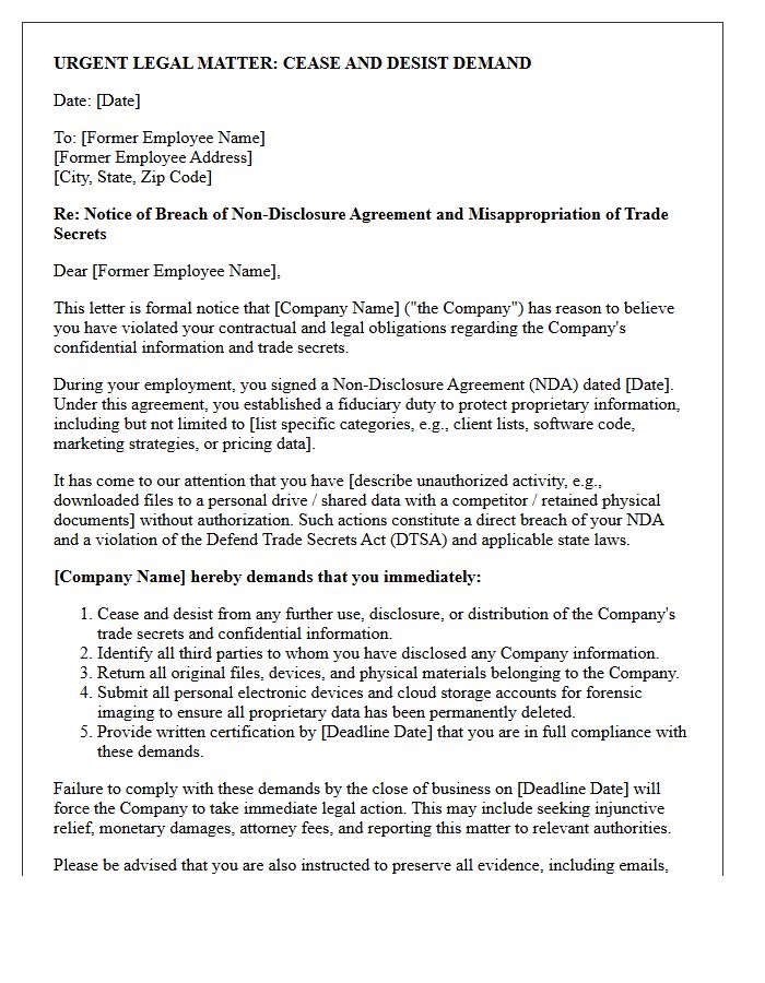 Former Employee Trade Secret Misappropriation Non-Disclosure Agreement Demand Letter