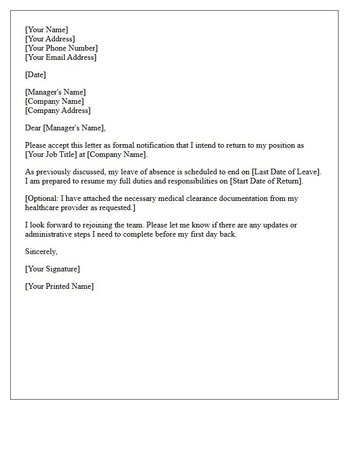 Standard Intent To Return To Work Letter