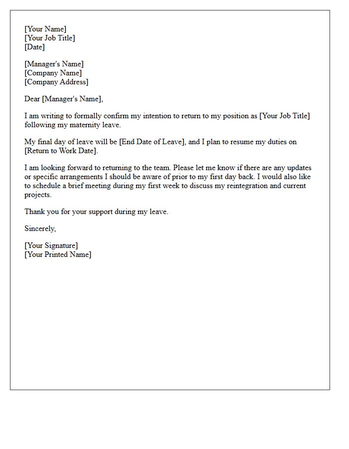Maternity Leave Intent To Return To Work Letter