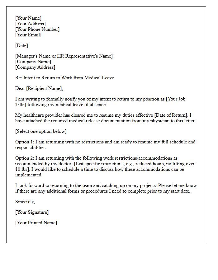 Medical Leave Intent To Return To Work Letter